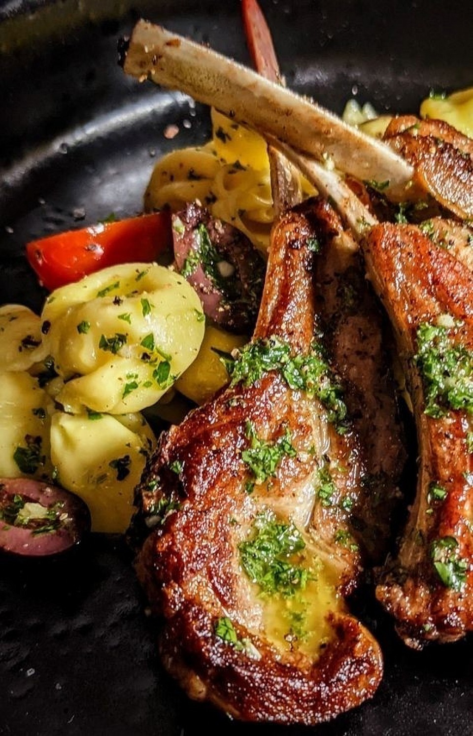Mediterranean Lamb Rib Chops on a bed of Pacchettoni Pasta